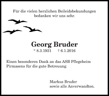 Traueranzeige von Georg Bruder von saarbruecker_zeitung