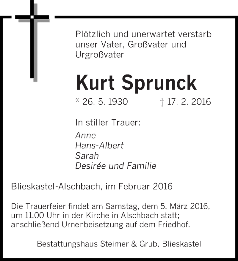  Traueranzeige für Kurt Sprunck vom 27.02.2016 aus saarbruecker_zeitung
