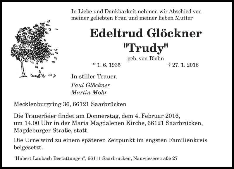 Traueranzeige für Edeltraud Glöckner vom 02.02.2016 aus saarbruecker_zeitung