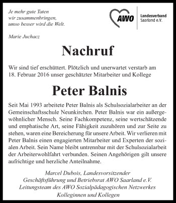 Traueranzeige von Peter Balnis von saarbruecker_zeitung