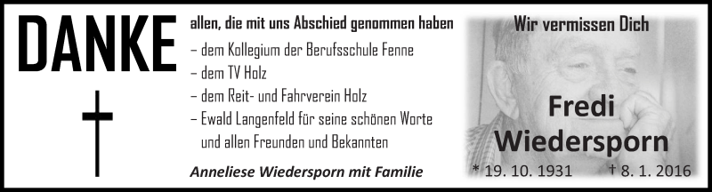  Traueranzeige für Fredi Wiedersporn vom 06.02.2016 aus saarbruecker_zeitung