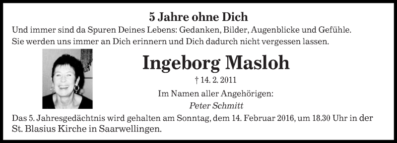  Traueranzeige für Ingeborg Masloh vom 13.02.2016 aus saarbruecker_zeitung