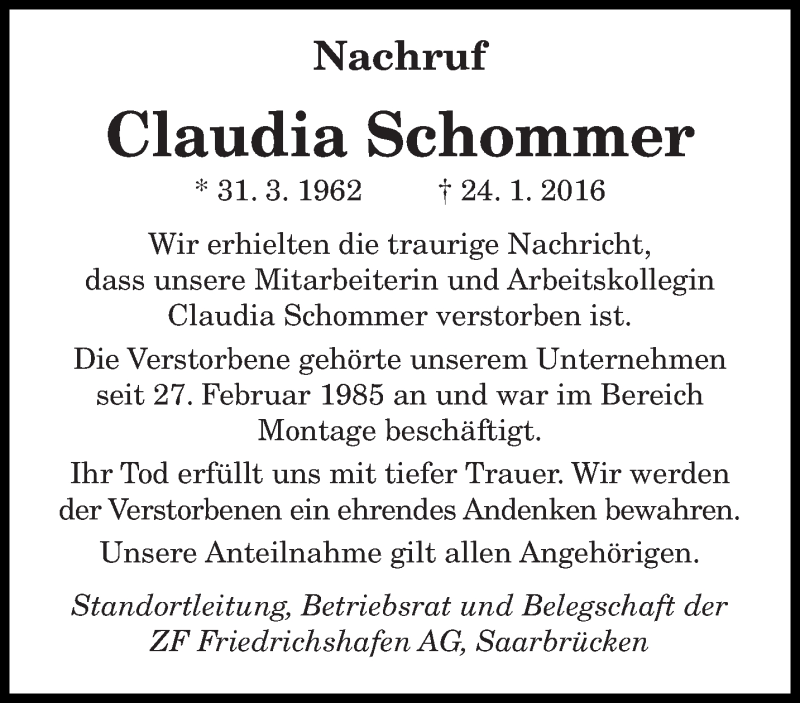  Traueranzeige für Claudia Schommer vom 11.02.2016 aus saarbruecker_zeitung
