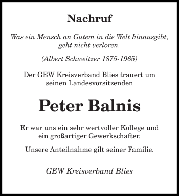 Traueranzeige von Peter Balnis von saarbruecker_zeitung