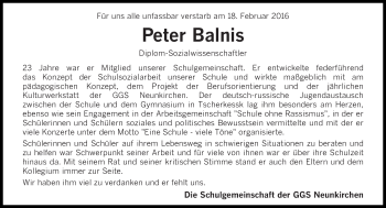 Traueranzeige von Peter Balnis von saarbruecker_zeitung