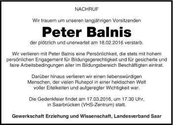 Traueranzeige von Peter Balnis von saarbruecker_zeitung