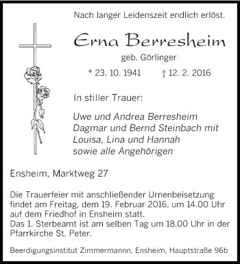 Traueranzeige von Erna Berresheim von saarbruecker_zeitung