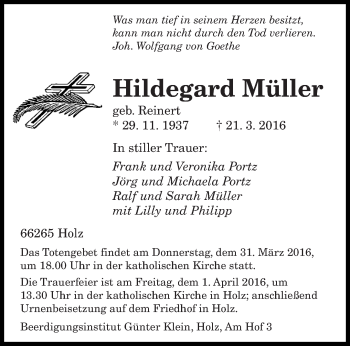 Traueranzeige von Hildegard Müller von saarbruecker_zeitung