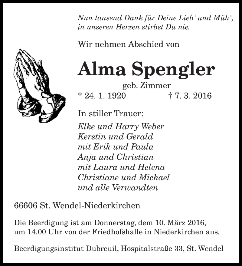 Traueranzeigen Von Alma Spengler Saarbruecker Zeitung Trauer De