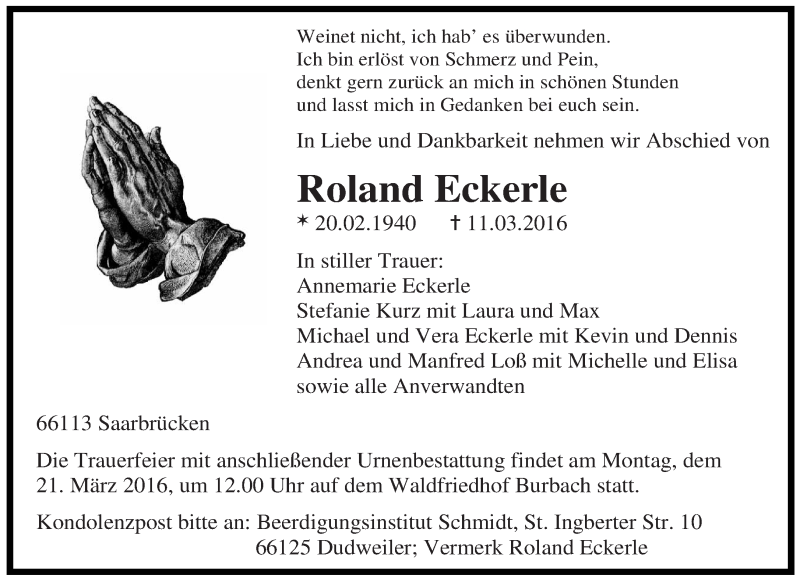  Traueranzeige für Roland Eckerle vom 16.03.2016 aus saarbruecker_zeitung