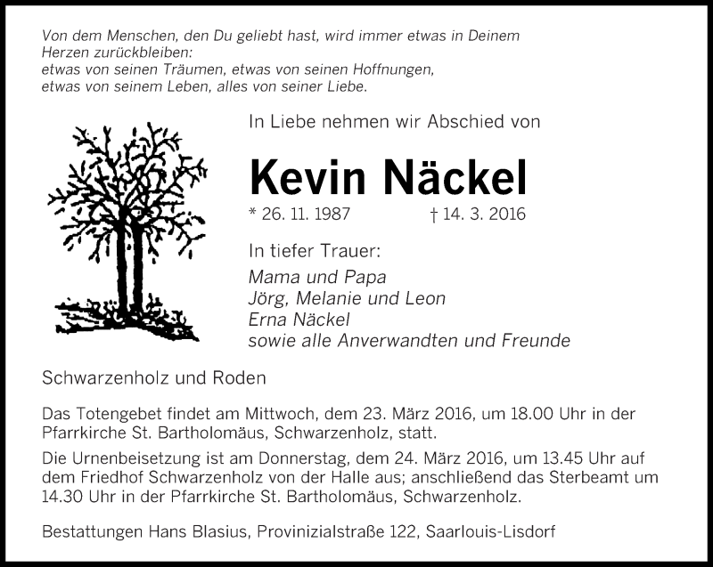  Traueranzeige für Kevin Näckel vom 19.03.2016 aus saarbruecker_zeitung