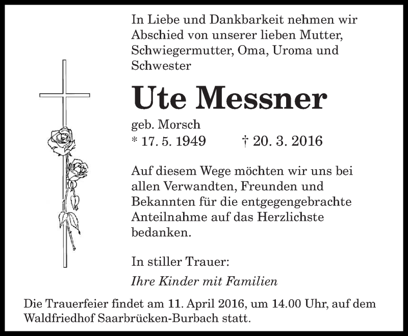  Traueranzeige für Ute Messner vom 26.03.2016 aus saarbruecker_zeitung