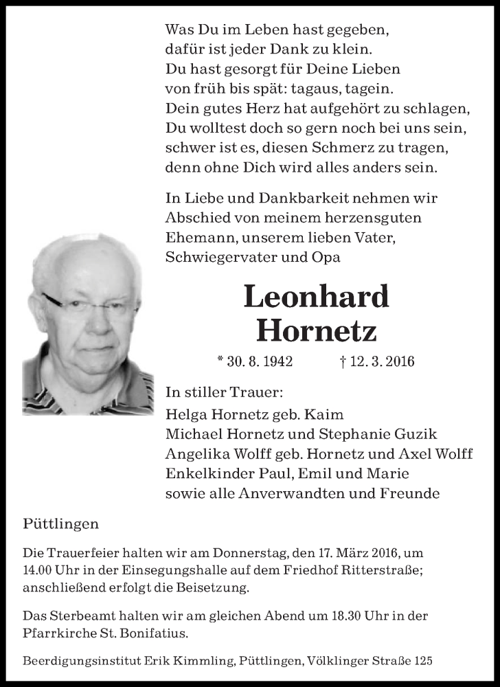 Traueranzeigen Von Leonhard Hornetz Saarbruecker Zeitung Trauer De