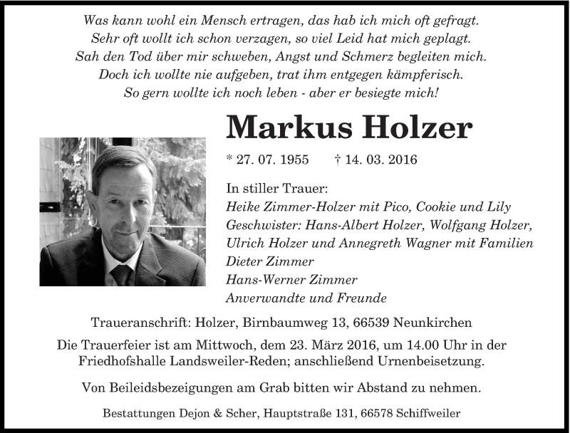  Traueranzeige für Markus Holzer vom 21.03.2016 aus saarbruecker_zeitung