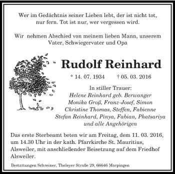 Traueranzeige von Rudolf Reinhard von saarbruecker_zeitung