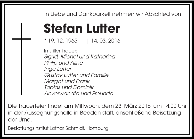  Traueranzeige für Stefan Lutter vom 19.03.2016 aus saarbruecker_zeitung