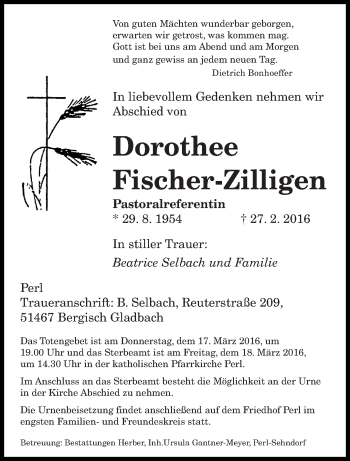 Traueranzeigen Von Dorothee Fischer Zilligen Saarbruecker Zeitung Trauer De
