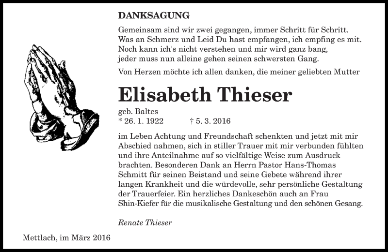 Traueranzeigen Von Elisabeth Thieser Saarbruecker Zeitung Trauer De