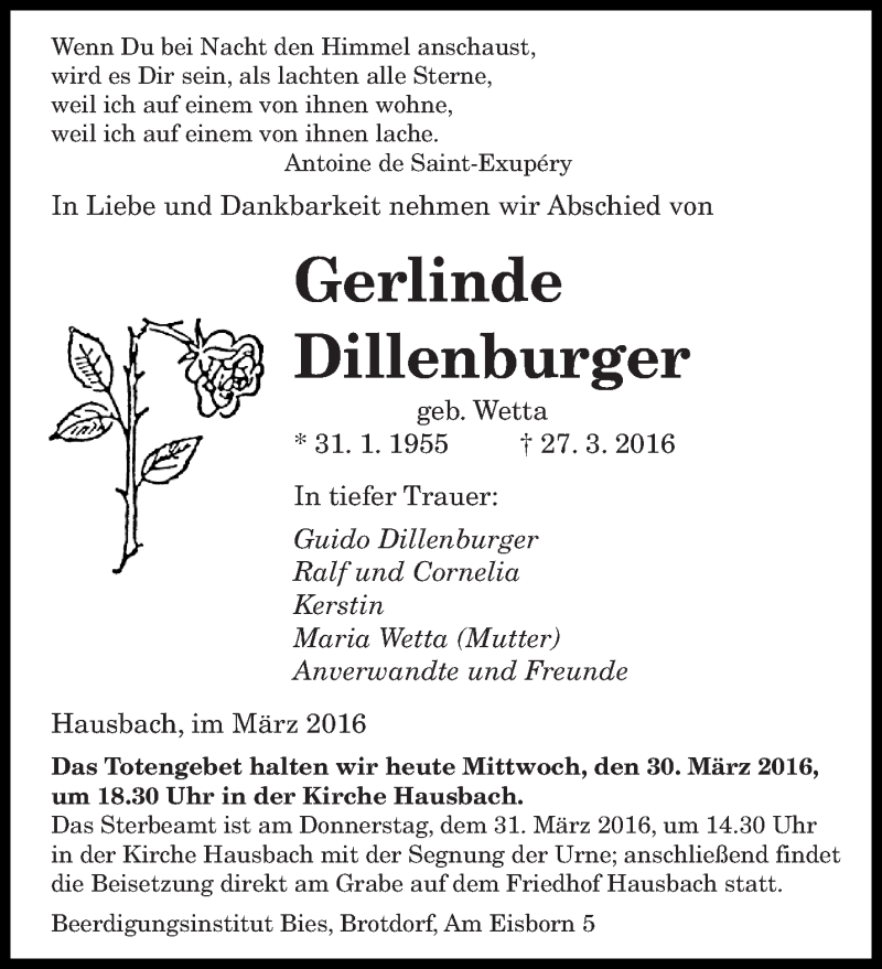  Traueranzeige für Gerlinde Dillenburger vom 30.03.2016 aus saarbruecker_zeitung