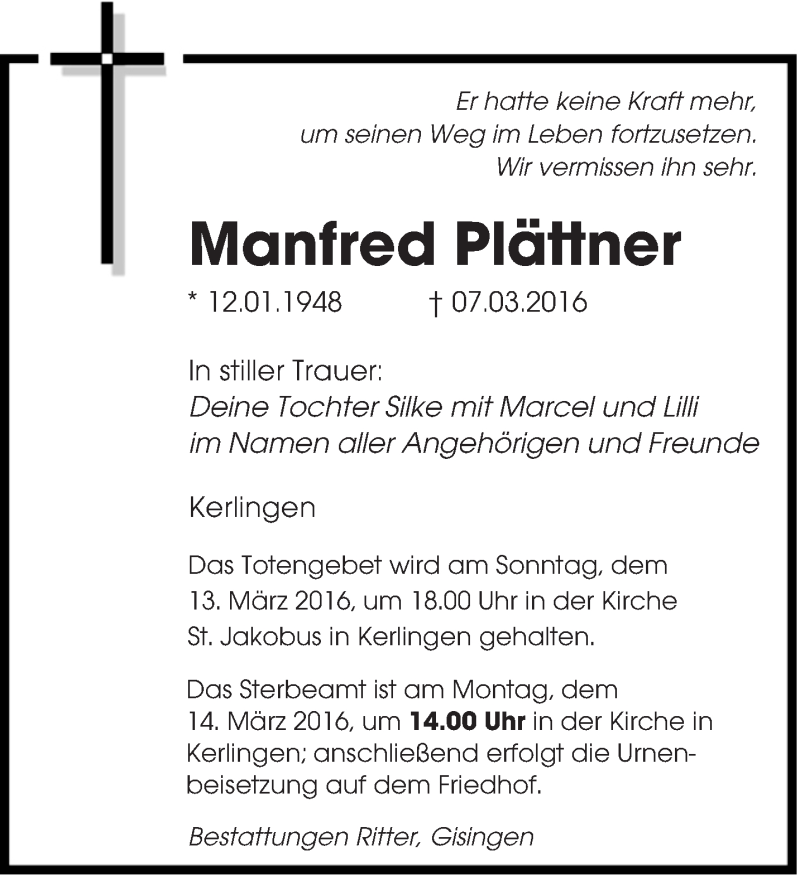  Traueranzeige für Manfred Plättner vom 11.03.2016 aus saarbruecker_zeitung