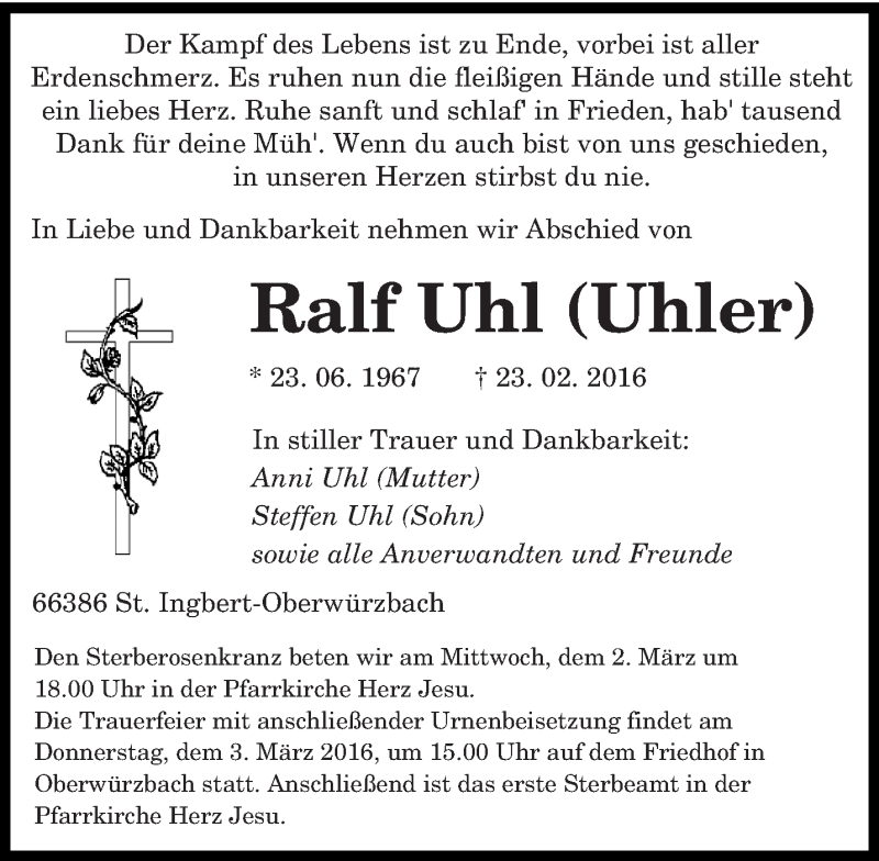  Traueranzeige für Ralf Uhl vom 29.02.2016 aus saarbruecker_zeitung