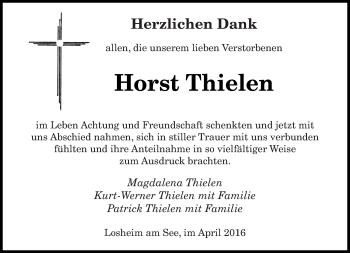 Traueranzeige von Horst Thielen von saarbruecker_zeitung