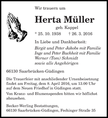 Traueranzeige von Herta Müller von saarbruecker_zeitung