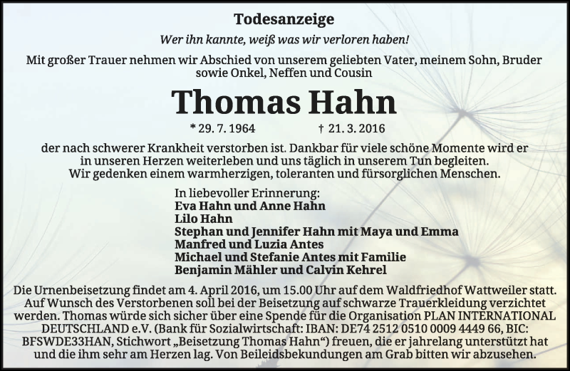  Traueranzeige für Thomas Hahn vom 01.04.2016 aus saarbruecker_zeitung