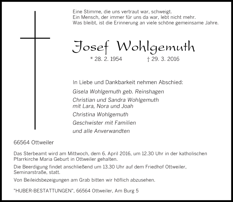  Traueranzeige für Josef Wohlgemuth vom 02.04.2016 aus saarbruecker_zeitung