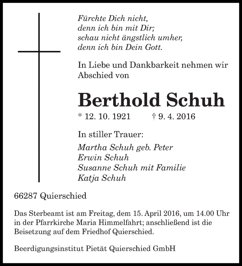  Traueranzeige für Berthold Schuh vom 12.04.2016 aus saarbruecker_zeitung