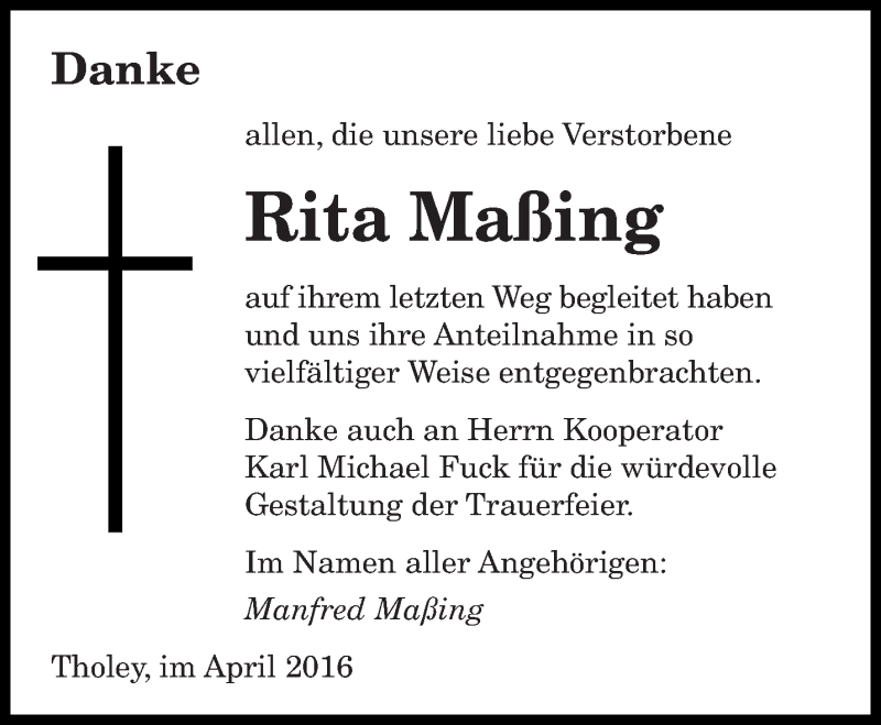  Traueranzeige für Rita Maßing vom 06.04.2016 aus saarbruecker_zeitung