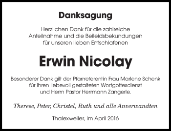 Traueranzeige von Erwin Nicolay von saarbruecker_zeitung