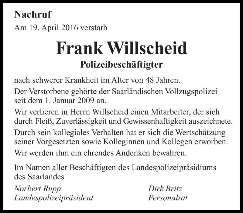  Traueranzeige für Frank Willscheid vom 23.04.2016 aus saarbruecker_zeitung
