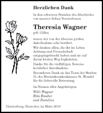 Traueranzeige von Theresia Wagner von Saarbrücker Zeitung