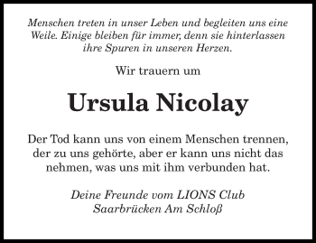 Traueranzeige von Ursula Nicolay von saarbruecker_zeitung