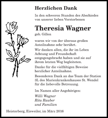 Traueranzeige von Theresia Wagner von saarbruecker_zeitung