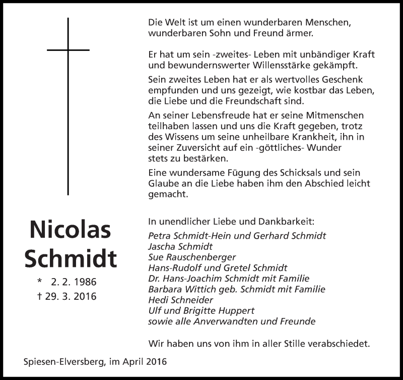  Traueranzeige für Nicolas Schmidt vom 23.04.2016 aus saarbruecker_zeitung