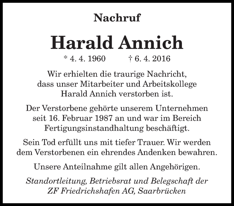  Traueranzeige für Harald Annich vom 14.04.2016 aus saarbruecker_zeitung