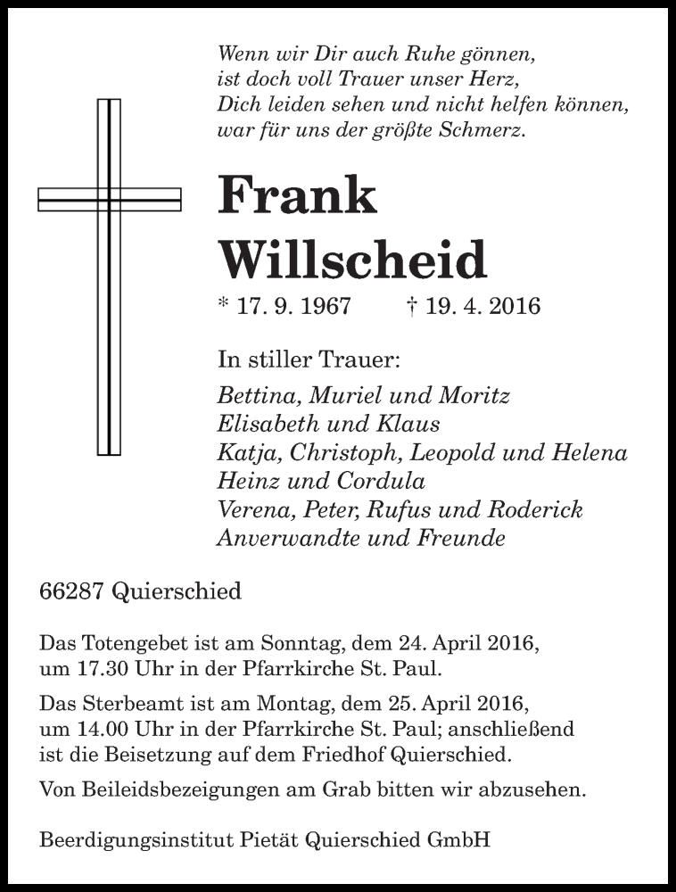  Traueranzeige für Frank Willscheid vom 23.04.2016 aus saarbruecker_zeitung