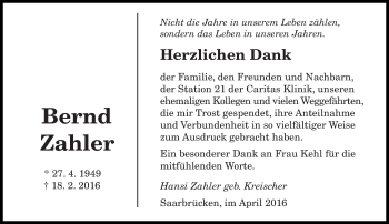 Traueranzeige von Bernd Zahler von saarbruecker_zeitung