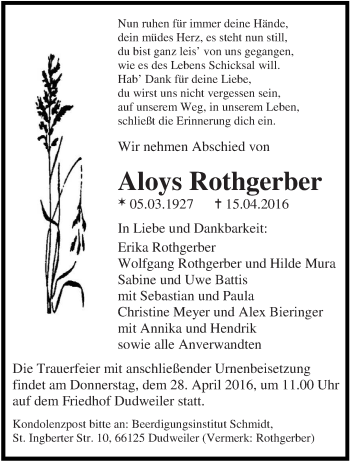 Traueranzeige von Aloys Rothgerber von saarbruecker_zeitung