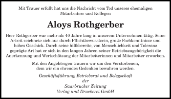 Traueranzeige von Aloys Rothgerber von saarbruecker_zeitung