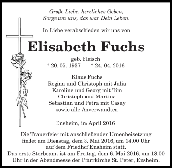 Traueranzeige von Elisabeth Fuchs von saarbruecker_zeitung