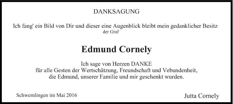  Traueranzeige für Edmund Cornely vom 30.05.2016 aus saarbruecker_zeitung