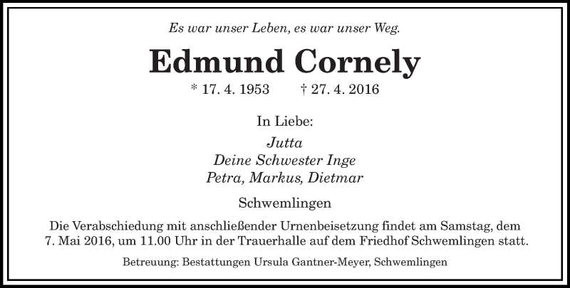  Traueranzeige für Edmund Cornely vom 03.05.2016 aus saarbruecker_zeitung