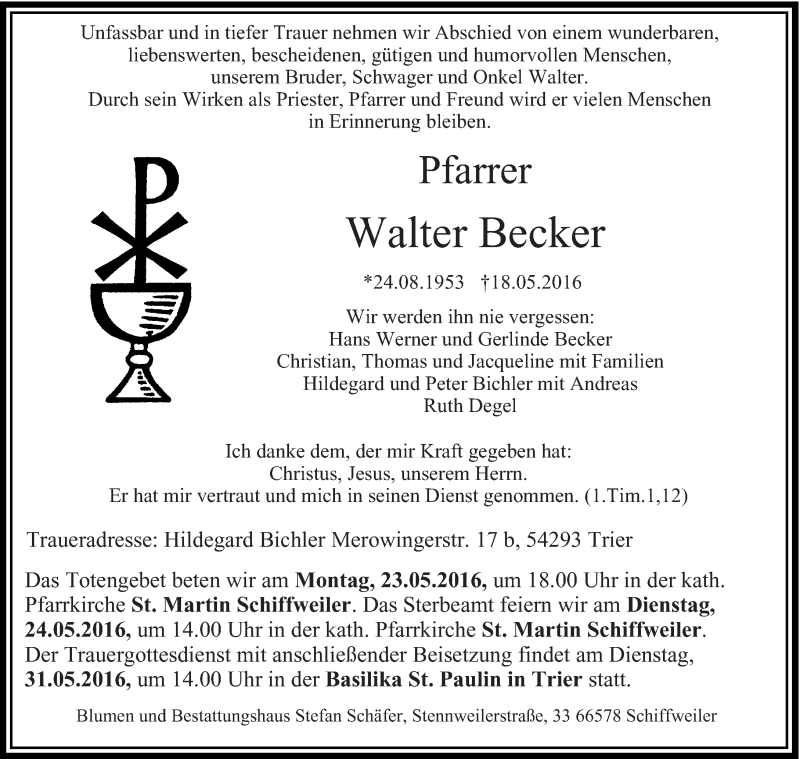  Traueranzeige für Walter Becker vom 23.05.2016 aus saarbruecker_zeitung