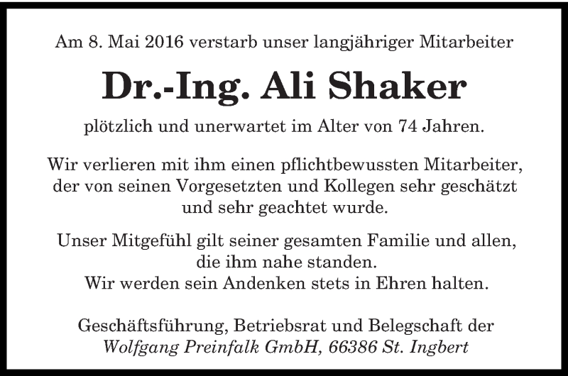 Traueranzeige für Ali Shaker vom 11.05.2016 aus saarbruecker_zeitung