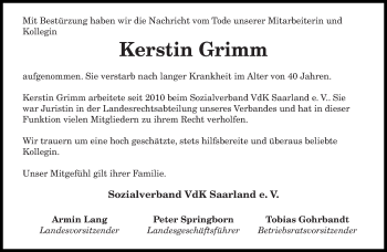 Traueranzeige von Kerstin Grimm von saarbruecker_zeitung