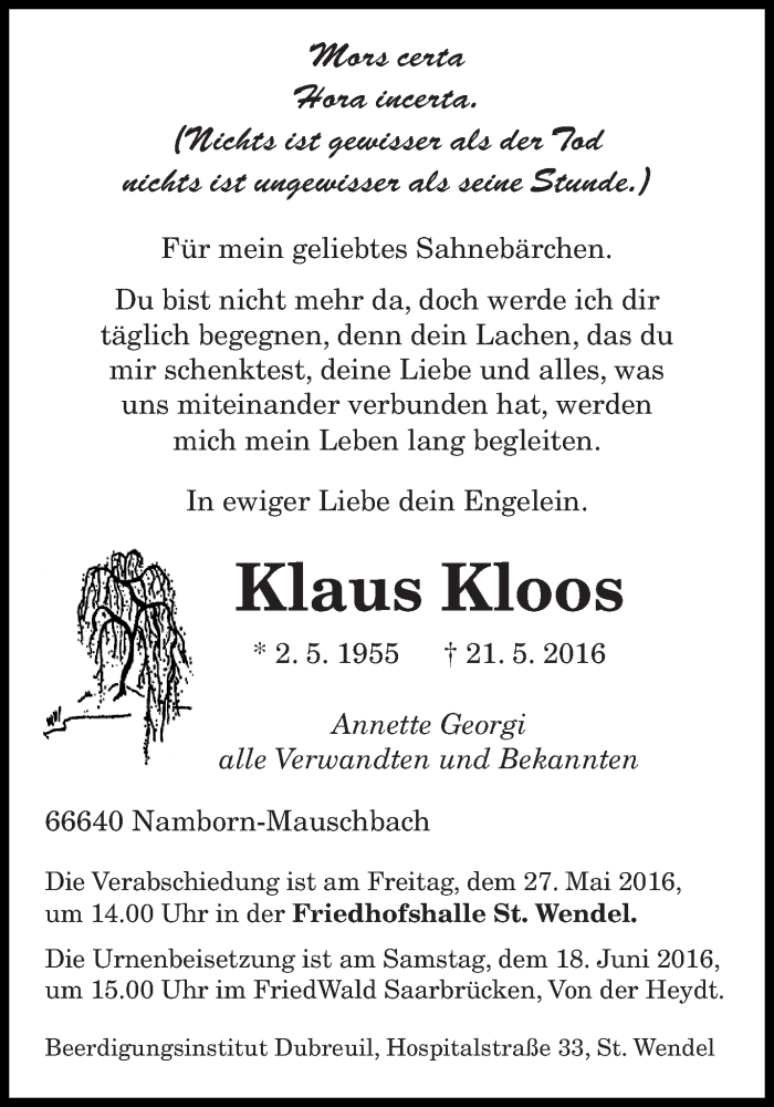  Traueranzeige für Klaus Kloos vom 25.05.2016 aus saarbruecker_zeitung