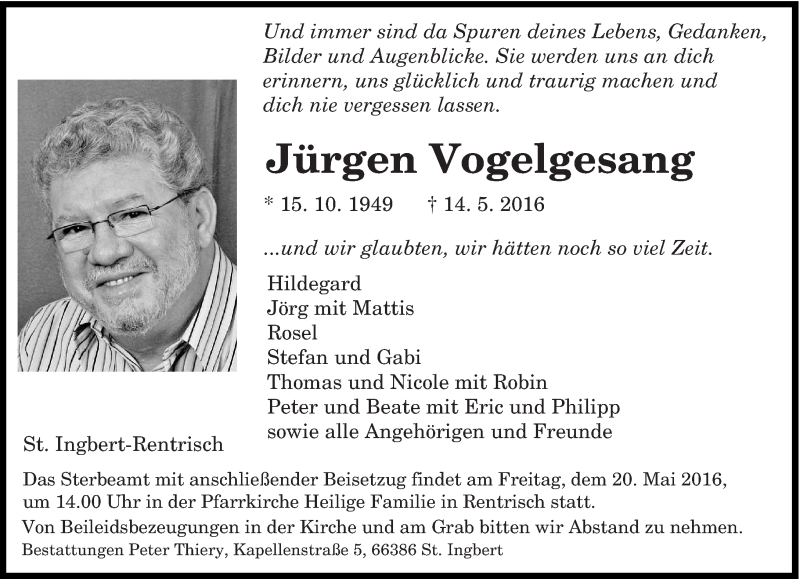  Traueranzeige für Jürgen Vogelgesang vom 18.05.2016 aus saarbruecker_zeitung